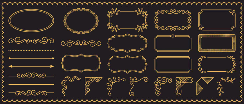 Vintage Gold Line Frames Vector Set with Calligraphic Dividers and Corner Ornaments on Black Background
