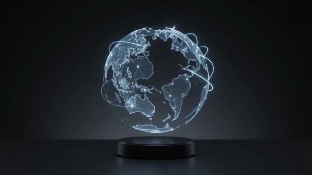 A glowing holographic projection of the Earth with interconnected network lines, symbolizing global communication and technology.