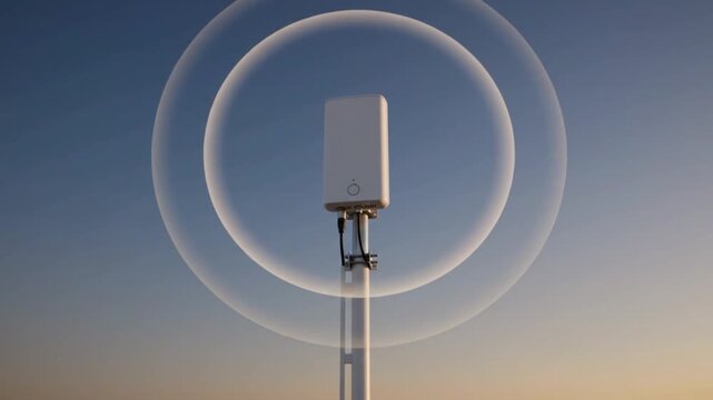 A white cellular antenna or 5G small cell device mounted on a pole against a clear sky, with concentric signal rings emanating from it.