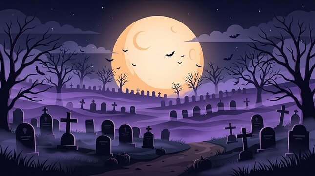 A spooky pixel art cemetery and graveyard scene featuring a giant glowing full moon in a dark purple night sky