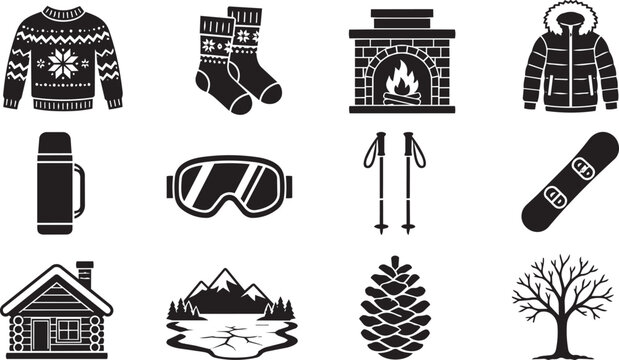 Winter season activity icons set featuring cozy gear and nature