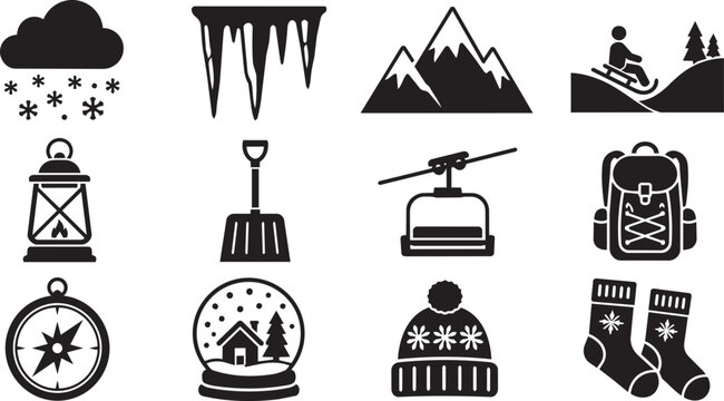 Winter season activity icons set with mountain and snow gear