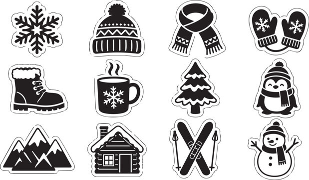 Winter holiday sticker collection with seasonal icons and symbols