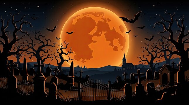 A spooky night time cemetery and graveyard scene featuring a giant orange full moon with flying bats and silhouettes