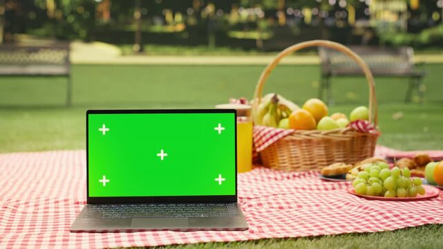 Chroma key mockup is shown on a laptop in empty city park with picnic blanket, device placed near basket with fresh fruits and pastries, with picnic items and screen replacement on computer.