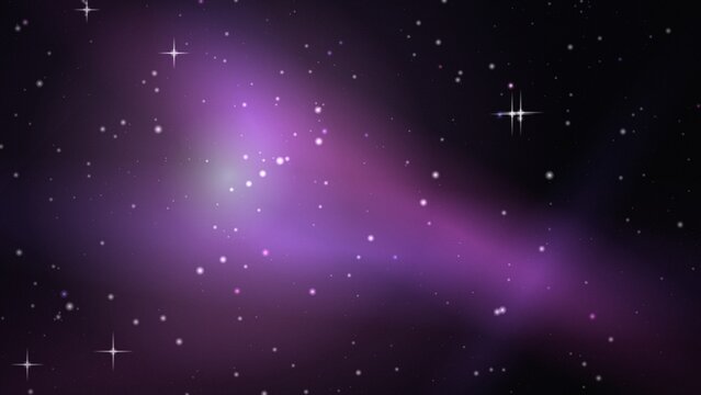 Deep space nebula with glowing purple gas clouds, scattered bright stars, and sparkling stellar points against a dark cosmic background
