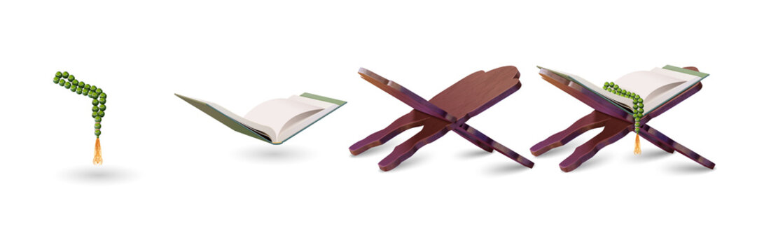 Islamic prayer beads and book on wooden stand on transparent background