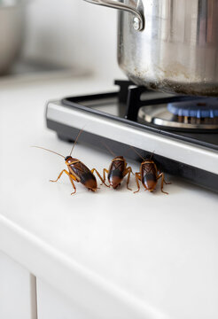 Pest control and infestation problem, three cockroaches on a dirty kitchen counter with a cooking pot and gas stove