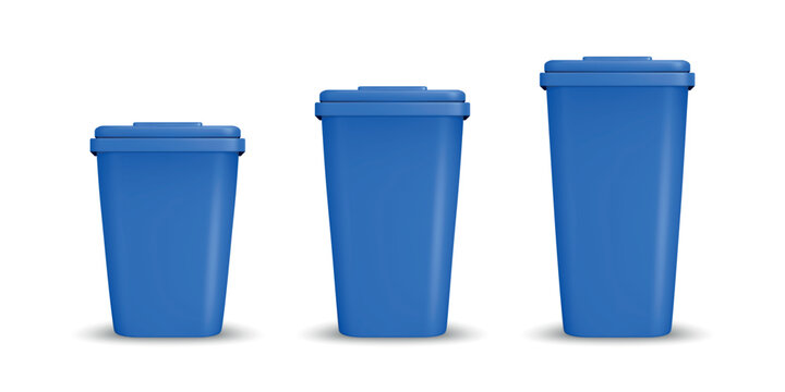 Blue Recycling Bins Set, 3d Vector Illustration. Glass Organic Paper E-Waste Metal Plastic. Trash Bin Set, Different Sizes. Realistic 3d Garbage Containers for Recycling and Sustainability, Isolated