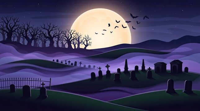 A spooky cemetery and graveyard scene featuring silhouetted tombstones under a glowing full moon in a dark night sky