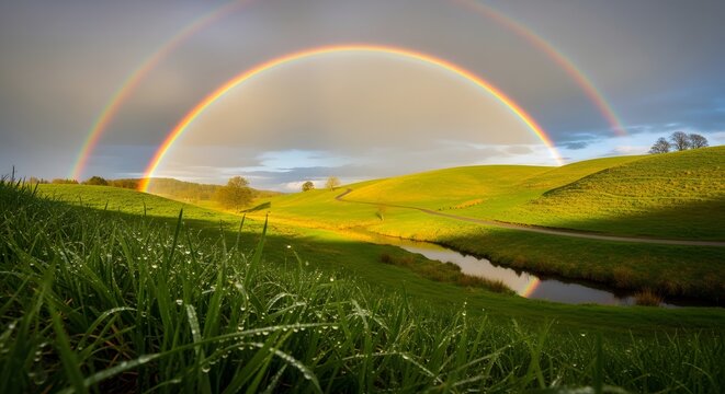 Double rainbow over a lush green meadow with a small stream at sunset