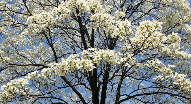 Blooming white dogwood tree branches against a clear blue sky in spring season.