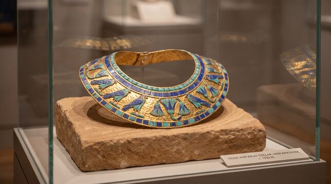 Ancient Egyptian Golden Broad Collar Necklace with Lapis Lazuli and Turquoise Inlay
