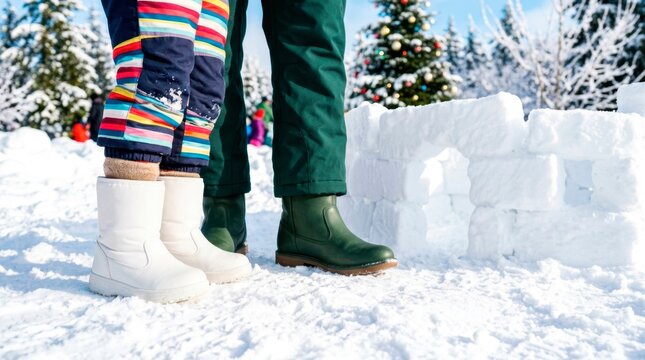 A happy family enjoys active winter holidays. A child and parent stand in their warm winter boots beside a snow wall.