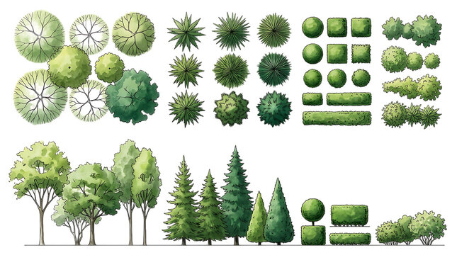 Collection of various trees and shrubs in top-down and side views, architectural landscape watercolor style, isolated on a white background, garden isolated on a transparent background