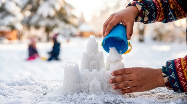 A happy family enjoys active winter holidays. Small hands use a bright blue bucket to build a detailed castle out of snow.