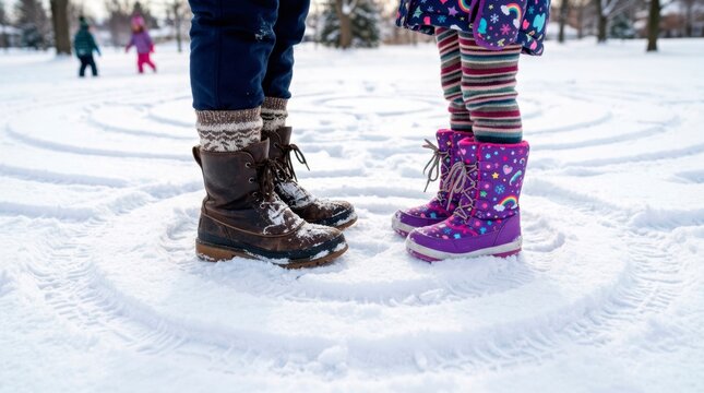 A happy family enjoys active winter holidays. An adult and a child stand in their winter boots inside circles drawn on the snow.