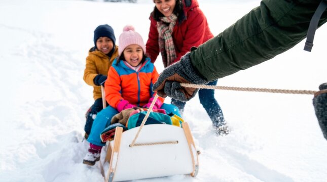 A happy family enjoys active winter holidays. An adult pulls a classic wooden sled carrying happy children through deep snow.