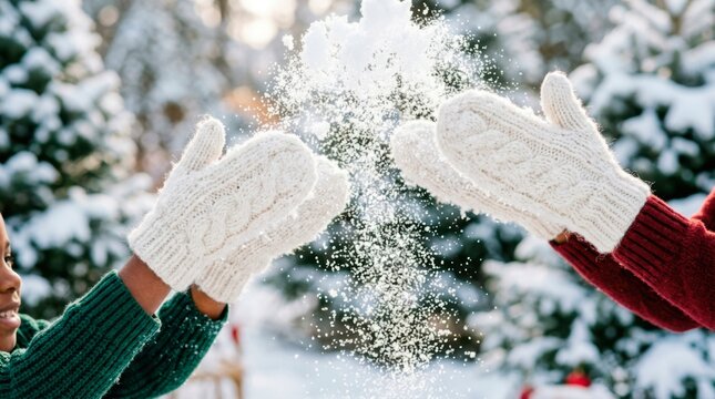A happy family enjoys active winter holidays. Multiple hands wearing warm knitted mittens joyfully toss fresh snow into the air.