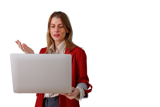 Businesswoman interacting during online meeting, discussing strategy and communication, wearing a red blazer