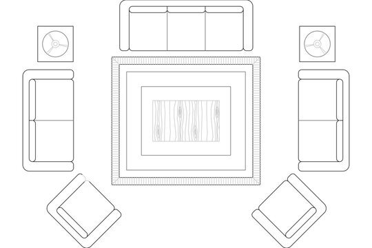 Technical CAD plan view of a formal living room layout with a central coffee table, rug, sofa, loveseats, armchairs, and side tables.