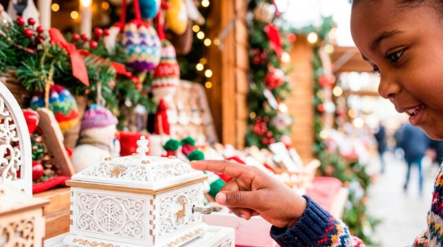 A happy family is having a great time at the festive Christmas market. A cute little girl is pointing at a decorative wooden music box at a stall.