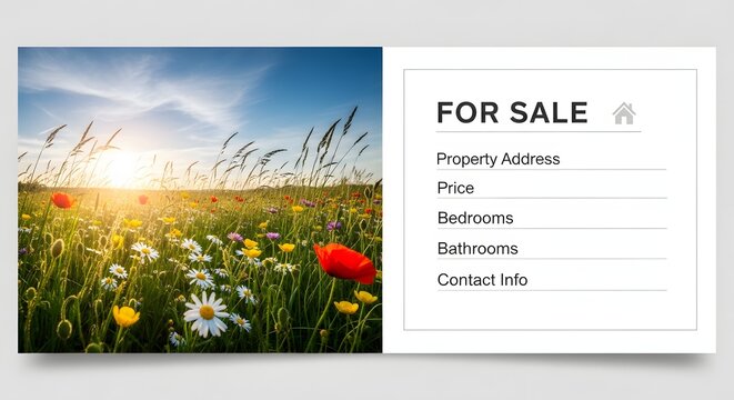 Real estate for sale flyer template with a beautiful wildflower meadow at sunset background