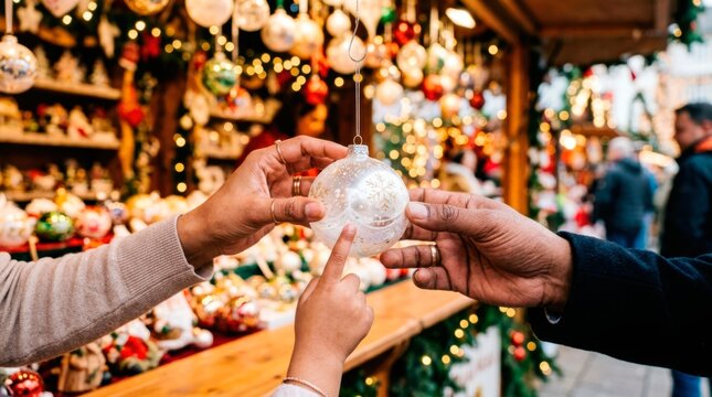 A happy family is having a great time at the festive Christmas market. Family members are holding a beautiful clear glass ornament at a wooden stall.