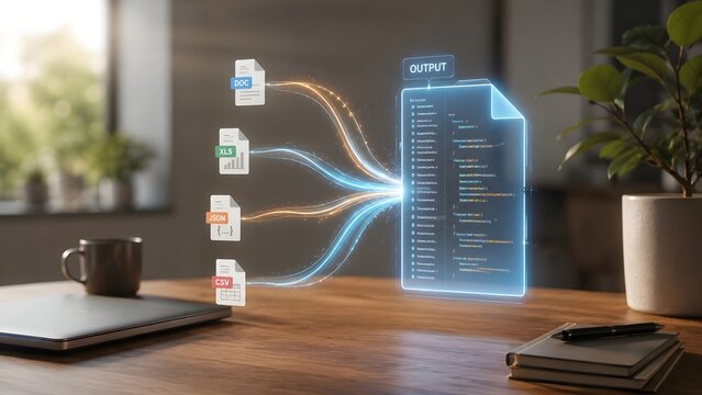 Conceptual digital visualization of multiple file formats merging into a single glowing code output document hovering over a modern office desk