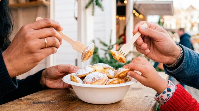 A happy family is having a great time at the festive Christmas market. People are using wooden forks to eat small sweet pancakes from a white bowl.