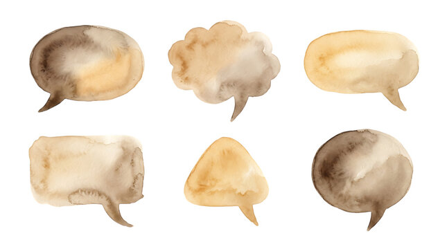 Set of six hand drawn watercolor speech bubbles in shades of brown and beige with varied shapes and textures isolated on a white background isolated on a transparent background