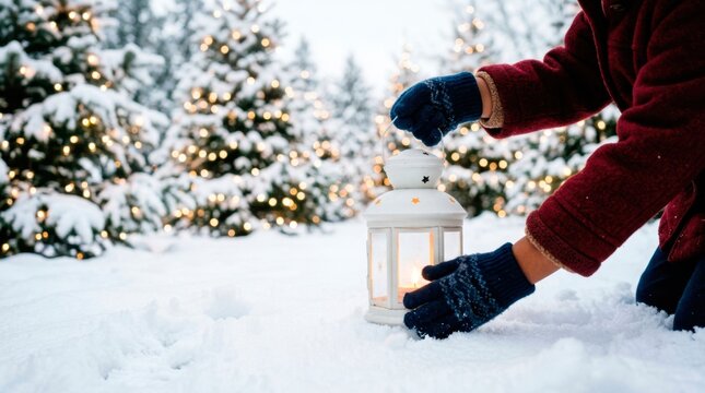 A happy family enjoys spending time outdoors in winter. A child places a glowing decorative lantern carefully into the deep fresh snow.