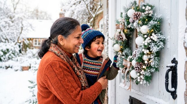 A happy family enjoys spending time outdoors in winter. A grandmother and little boy smile brightly while admiring a snowy holiday door wreath.