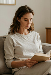 Naklejka premium Mindfulness and relaxation, woman reading a book on a sofa at home, quiet leisure and self-care activity