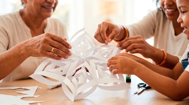 A happy family enjoys spending time together during the winter holidays. A grandmother and children assemble a large beautiful paper snowflake craft on the table.