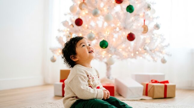 A happy family enjoys spending time together during the winter holidays. A cute toddler in a cozy sweater sits on the floor gazing in wonder at a decorated white tree.