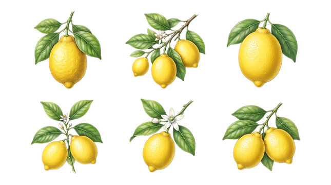 Collection of hand drawn watercolor lemon with leaves and flowers on a white background, for botanical food isolated on a transparent background