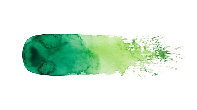 Green watercolor brush stroke with wet texture and splatters on a white background, for artistic paint isolated on a transparent background