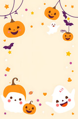 Fototapeta premium Cute Halloween-themed frame with cartoon pumpkins, friendly ghosts, bats, and stars on a light yellow background, perfect for invitations or festive designs.