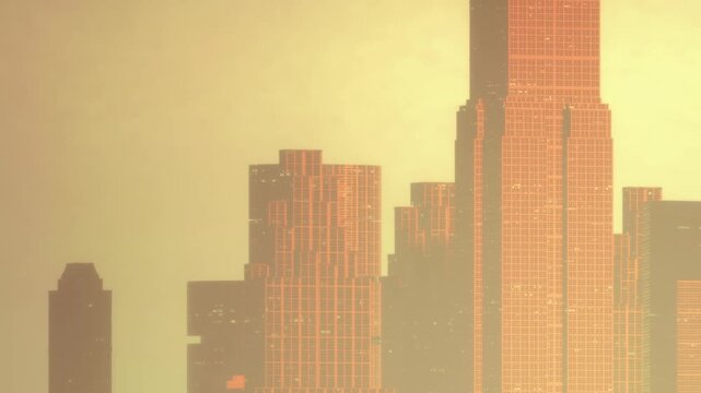 The picture shows a city skyline during sunset with tall buildings outlined in orange. Light reflects off the glass surfaces. This scene takes place in an urban area.