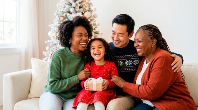 A happy family enjoys spending time together during the winter holidays. A cheerful multigenerational family smiles warmly while sitting on the living room sofa.