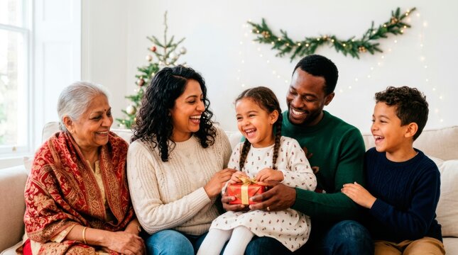 A happy family enjoys spending time together during the winter holidays. Relatives sit closely together celebrating the winter holidays with a beautifully wrapped gift.