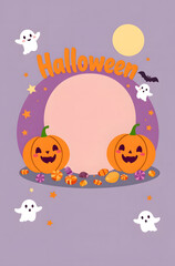 Fototapeta premium A cute Halloween illustration with smiling pumpkins, ghosts, and a bat on a purple background.