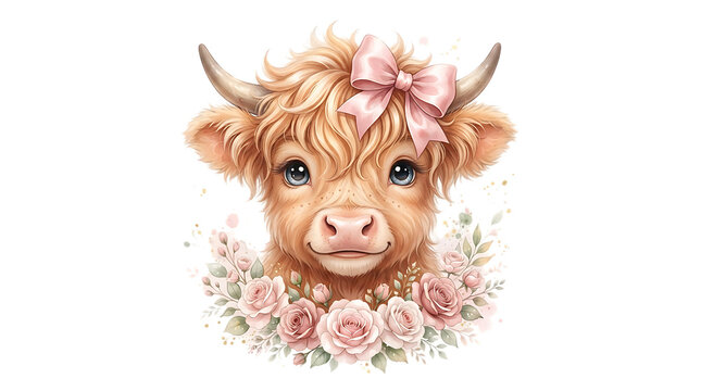 Cute highland cow portrait with pink bow and floral wreath watercolor on a white background, calf farm animal isolated on a transparent background