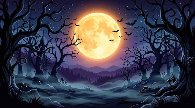 A spooky flat vector halloween background featuring a glowing full moon over a dark haunted forest landscape scene