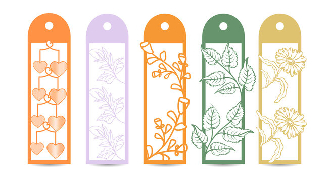 Vibrant bookmarks with floral designs and hearts on transparent background