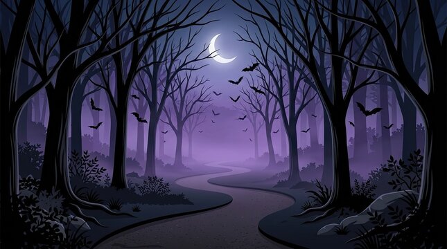 A spooky flat vector halloween background featuring a dark forest path under a bright full moon at night