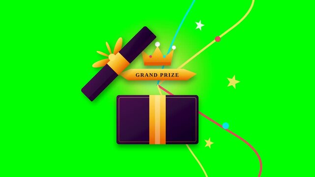 Grand prize gift box with golden ribbon and certificate on green background.