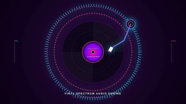 Futuristic digital audio spectrum analyzer with neon glowing elements and circular interface design.