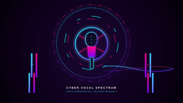 Futuristic digital interface with cyber vocal spectrum and sound wave visualization.